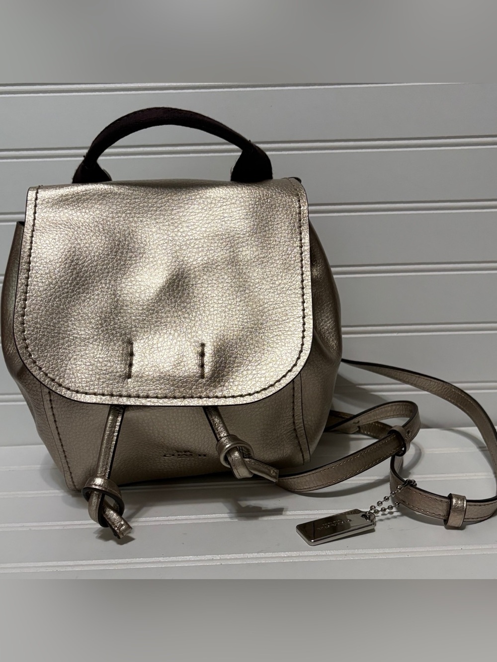 COACH Derby Mini Metallic Gold Drawstring Backpack Shoulder Bag Tote F16605